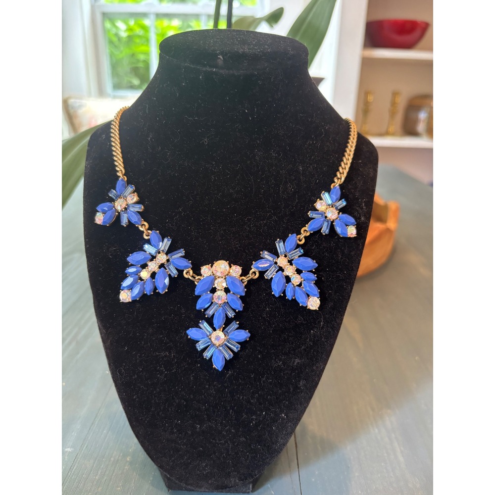 J.Crew Blue Crystal Floral Statement Necklace Gold Tone Bib Rhinestone 19"